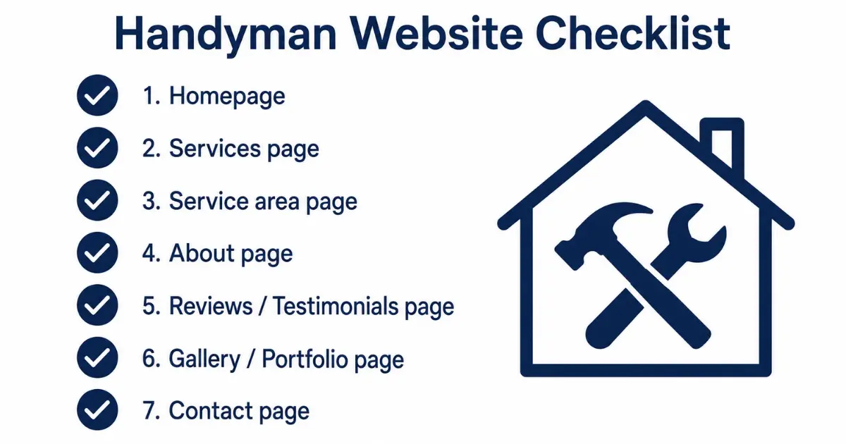 Diagram showing the 7 essential pages of a handyman website