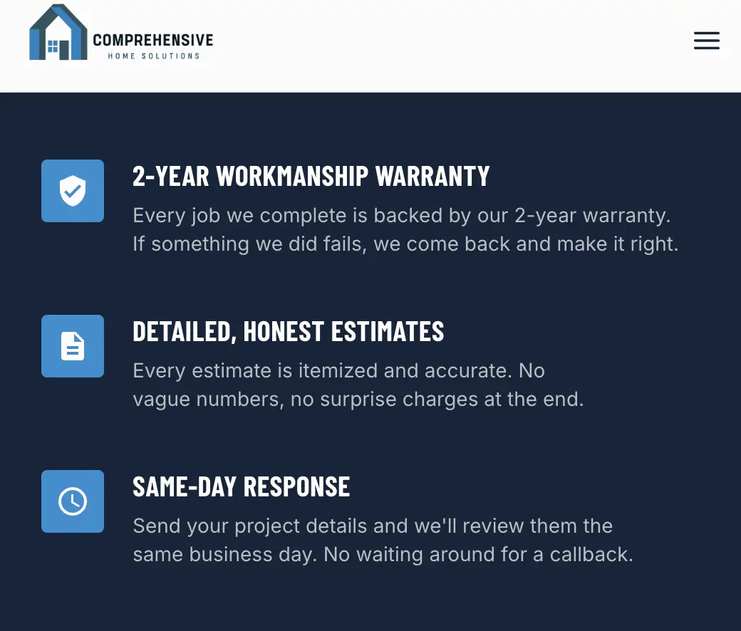 Examples of trust signals on a handyman website including reviews, license info, and real photos